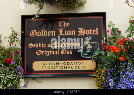 The Golden Lion Hotel sign Padstow village centre Cornwall England UK GB EU Europe Stock Photo