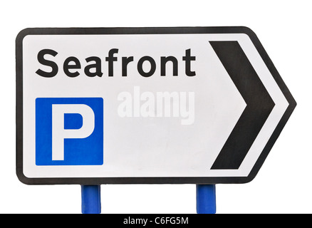 Road sign, to the seafront and parking directions, England, UK Stock Photo