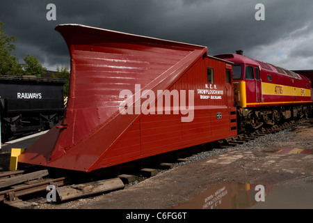 NER Snowplough 18. Ex EWS Class 47 diesel-electric locomotive 47785 Trains engine and Rolling Stock at the Opening of the Restored Line in Kirkby Stephen East Stainmore, Cumbria, UK Stock Photo