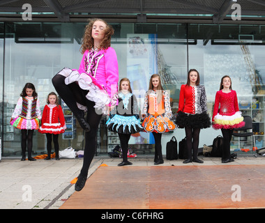 Young girls performing traditional Irish dancing at Sunderland Folk Festival 2011 Stock Photo