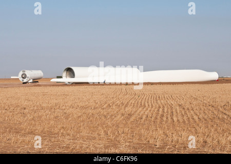 Components for a horizontal-axis wind turbine are shown on a construction site near Amarillo, Texas. Stock Photo