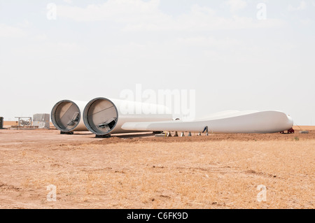 Components for a horizontal-axis wind turbine are ready for final assembly on a construction site near Amarillo, Texas Stock Photo