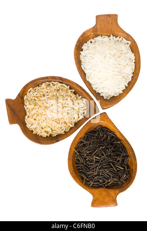 Three kinds of rice in wooden bowls isolated on white background Stock Photo