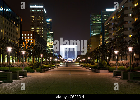 Perspective a night view of the Grand arch in the financial and business of Paris - La Défense. Stock Photo