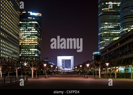 Perspective a night view of the Grand arch in the financial and business district of Paris - La Défense. Stock Photo
