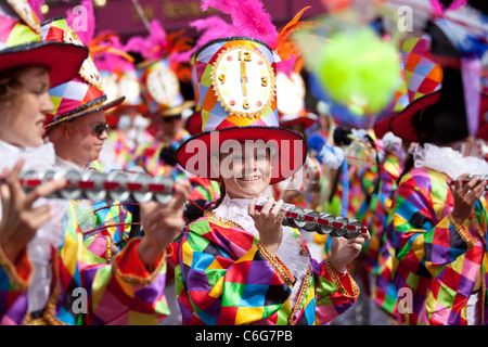 Samba school musicians in costumes, at The Notting Hill Carnival, London, England, UK. Stock Photo