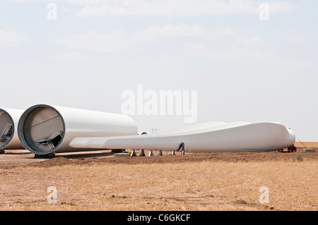 Components for a horizontal-axis wind turbine are ready for final assembly on a construction site near Amarillo, Texas Stock Photo