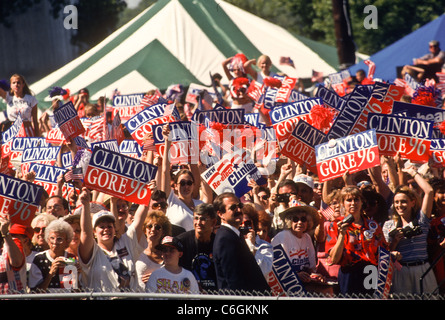 Supporters wave Clinton Gore signs as the train carrying President Bill ...