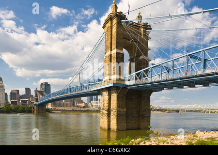 John A. Roebling Suspension Bridge over the Ohio River with Cincinnati Ohio across the river Stock Photo