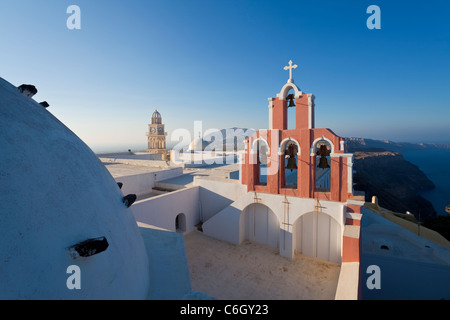Bell tower of the Sanctus Ioannes Baptista Church in Fira, Santorini (Thira), Cyclades Islands, Aegean Sea, Greece Stock Photo