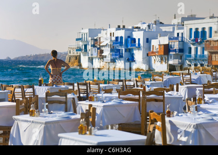 Little Venice waterfront, Mykonos (Hora), Cyclades Islands, Greece, Europe Stock Photo