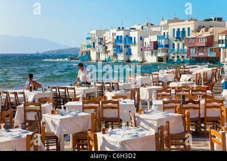 Little Venice waterfront, Mykonos (Hora), Cyclades Islands, Greece, Europe Stock Photo