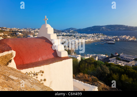 Elevated view over the harbour and old town, Mykonos (Hora), Cyclades Islands, Greece, Europe Stock Photo