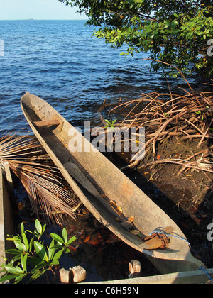 Amerindian dugout canoe in Bocas del Toro, caribbean sea, Panama Stock Photo