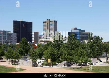 view over the forks plaza of the financial district skyline Winnipeg Manitoba Canada Stock Photo