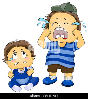 Illustration of a Young Boy Crying as a Teary-eyed Baby Watches Him Stock Photo