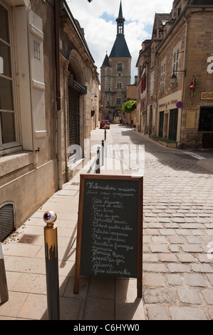 Menu blackboard sign outside restaurant in the Grand Rue, Avallon, Burgundy, France Stock Photo