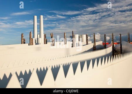 Offshore wind turbine blades on the docks at Mostyn. Stock Photo