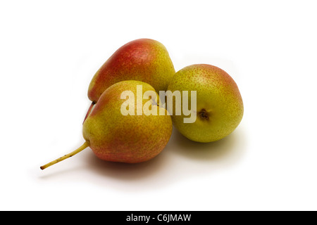 Three ripe Forelle pears on a white background Stock Photo
