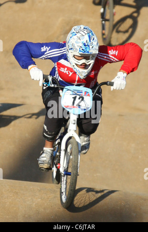 Shanaze Read racing on the BMX track at the Olympic site in Stratford, London Stock Photo