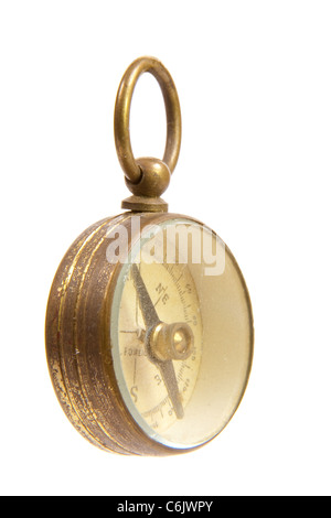 Antique Worn and Faded Old Brass Compass Angle View Isolated on White Background Stock Photo