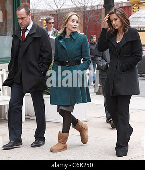 Christopher Meloni, Sharon Stone, Mariska Hargitay on the set of 'Law and Order: Special Victims Unit' filming in Tribeca. New Stock Photo