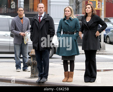 Christopher Meloni, Sharon Stone, Mariska Hargitay on the set of 'Law and Order: Special Victims Unit' filming in Tribeca. New Stock Photo