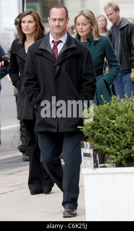 Christopher Meloni, Sharon Stone, Mariska Hargitay on the set of 'Law and Order: Special Victims Unit' filming in Tribeca. New Stock Photo