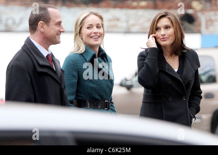 Christopher Meloni, Sharon Stone, Mariska Hargitay on the set of 'Law and Order: Special Victims Unit' filming in Tribeca. New Stock Photo