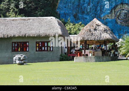 Wooden Hut on grass at Mural de la Prehistoria (Prehistory), Vinales, Pinar Del Rio District, Cuba, October 2010 Stock Photo