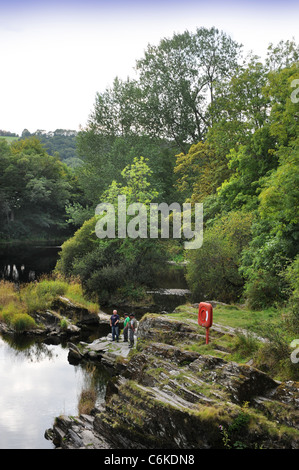 The River (or Afon) Teifi from Cenarth Bridge forming the border between Carmarthenshire and Ceredigion in West Wales UK Stock Photo