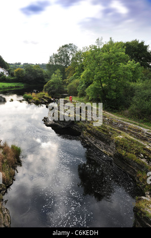 The River (or Afon) Teifi from Cenarth Bridge forming the border between Carmarthenshire and Ceredigion in West Wales UK Stock Photo