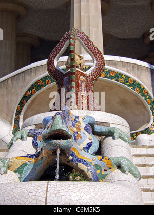 Gaudi’s multicoloured dragon fountain at the main entrance, Park Guell, Barcelona, Catalonia, Spain, Western Europe. Stock Photo