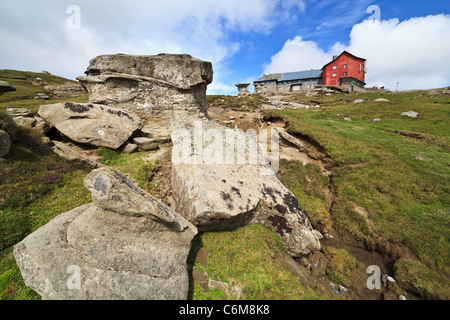 Landscape with Babele, rocks formed through erosion in Bucegi mountains ...