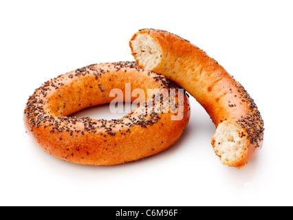 two bagels with poppy seeds isolated on white background Stock Photo