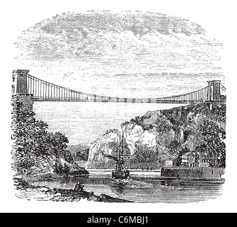 Clifton Suspension Bridge, in Clifton, Bristol to Leigh Woods, North Somerset, England, during the 1890s, vintage engraving. Stock Photo