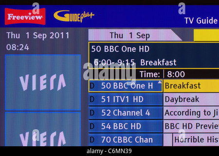 TV screenshot of Guide Plus Channel guide showing the HD channels now available via terrestrial Freeview transmission Stock Photo