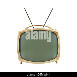1950's portable television with antennas up. Isolated on white. Stock Photo