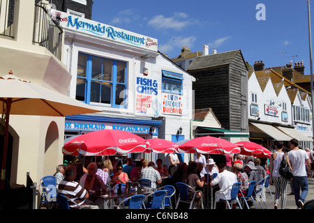 The popular Mermaid fish and chip restaurant Hastings Old Town seafront, Rock-a-Nore road, East Sussex, England, UK, GB Stock Photo