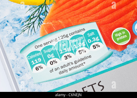 Packet of frozen wild salmon fillets with nutritional information labels showing typical food content values with % GDA Stock Photo