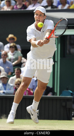Tomas Berdych of the Czech Republic against Rafael Nadal of Spain during the men's singles final at the 2010 Wimbledon Tennis