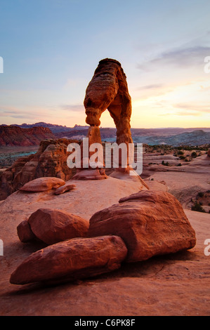 Delicate Arch at sunset. Arches National Park, located near Moab in eastern Utah. Stock Photo