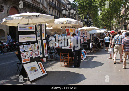 Paintings for sale along Las Ramblas, Barcelona, Catalonia, Spain, Western Europe. Stock Photo