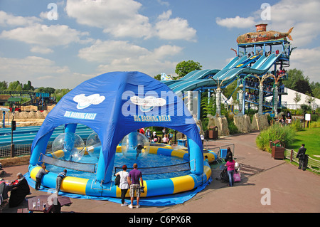 'Depth Charge' ride and 'Big Bashing Balls' pool , Thorpe Park Theme Park, Chertsey, Surrey, England, United Kingdom Stock Photo