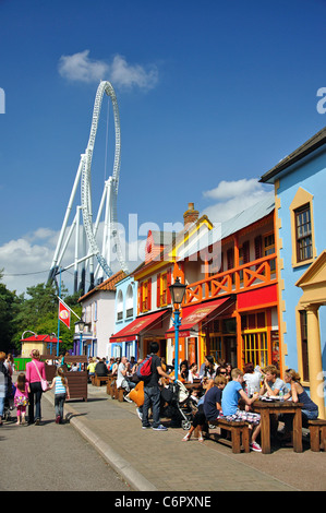 Stealth Ride and restaurants, Amity Cove, Thorpe Park Theme Park, Chertsey, Surrey, UK England Stock Photo