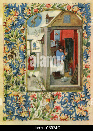 Images from a Flemish Book of Hours. January. Aquarius Stock Photo