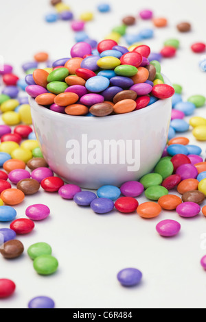 Smarties in a white bowl on a white background. Stock Photo