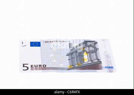 A five euro bank note on a white background Stock Photo