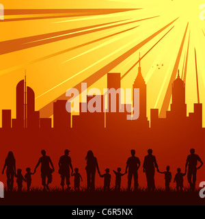 Big collect vector silhouettes of parents with children on urban background, element for design Stock Photo