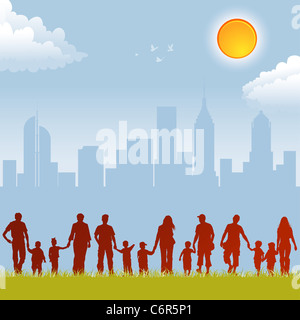 Big collect vector silhouettes of parents with children on urban background, element for design Stock Photo